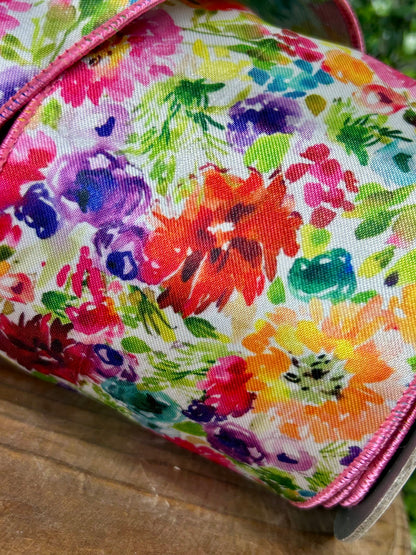 4 Inch By 10 Yard Multicolor Floral Impressions Deluxe Wired Edge Ribbon