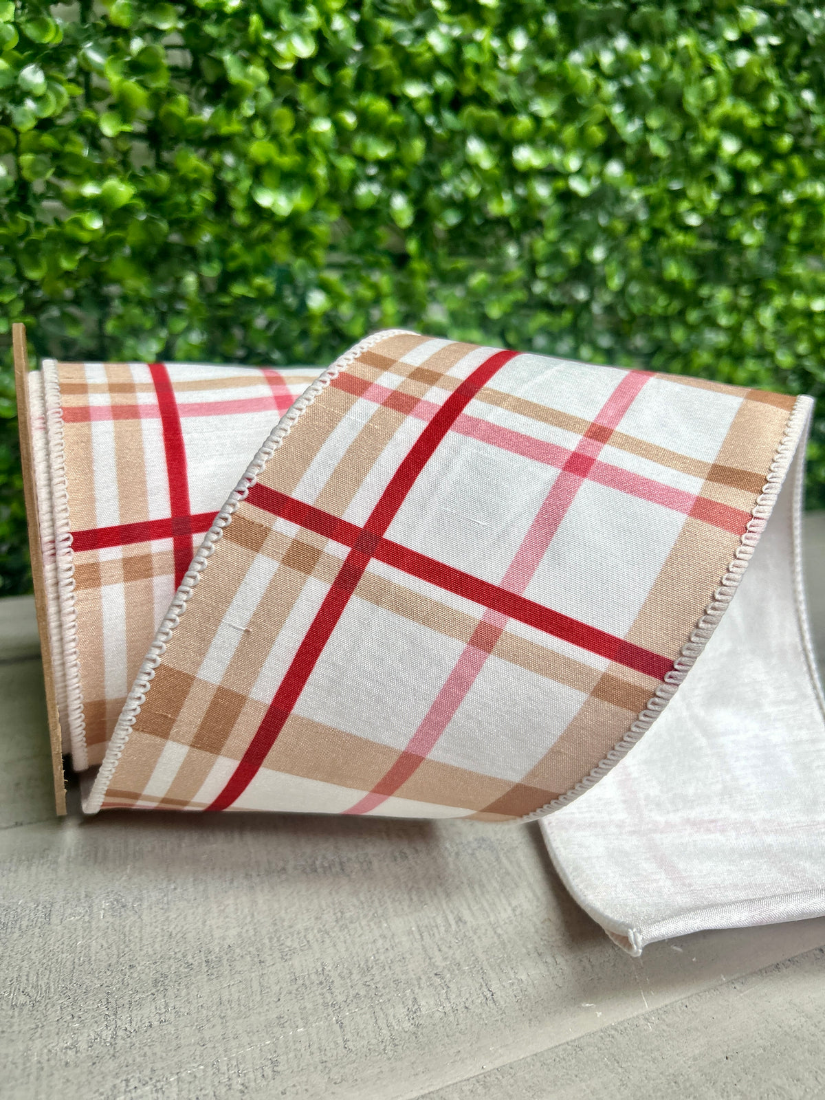 4 Inch By 10 Yard Gingerbread Plaid With White Backing Ribbon