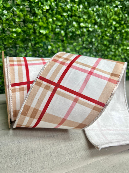4 Inch By 10 Yard Gingerbread Plaid With White Backing Ribbon
