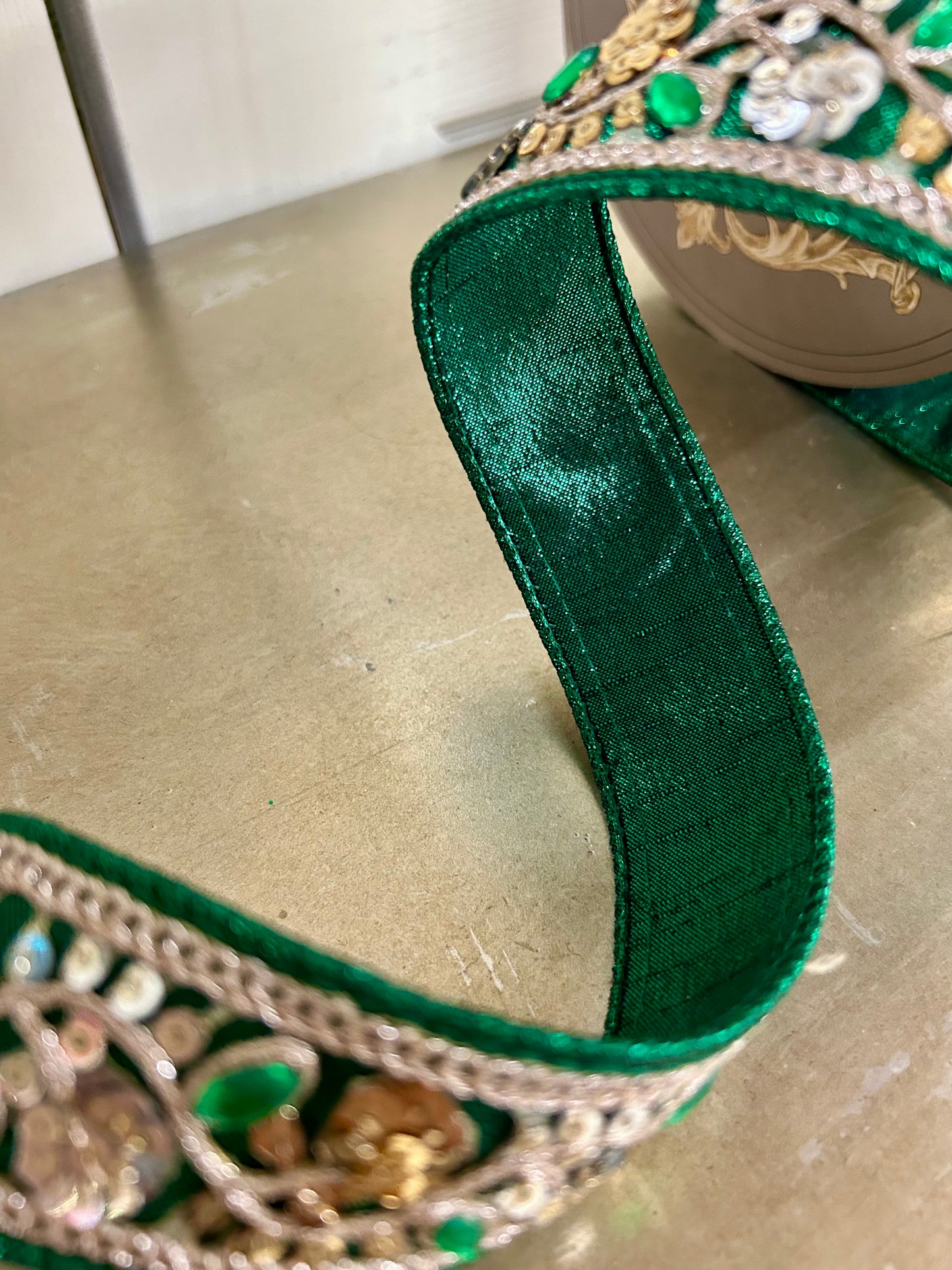1.5 Inch By 10 Yard Emerald Green Metallic Dupioni Jewel Ribbon