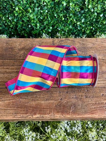 4 Inch By 10 Yard Pink Yellow And Blue Check Ribbon
