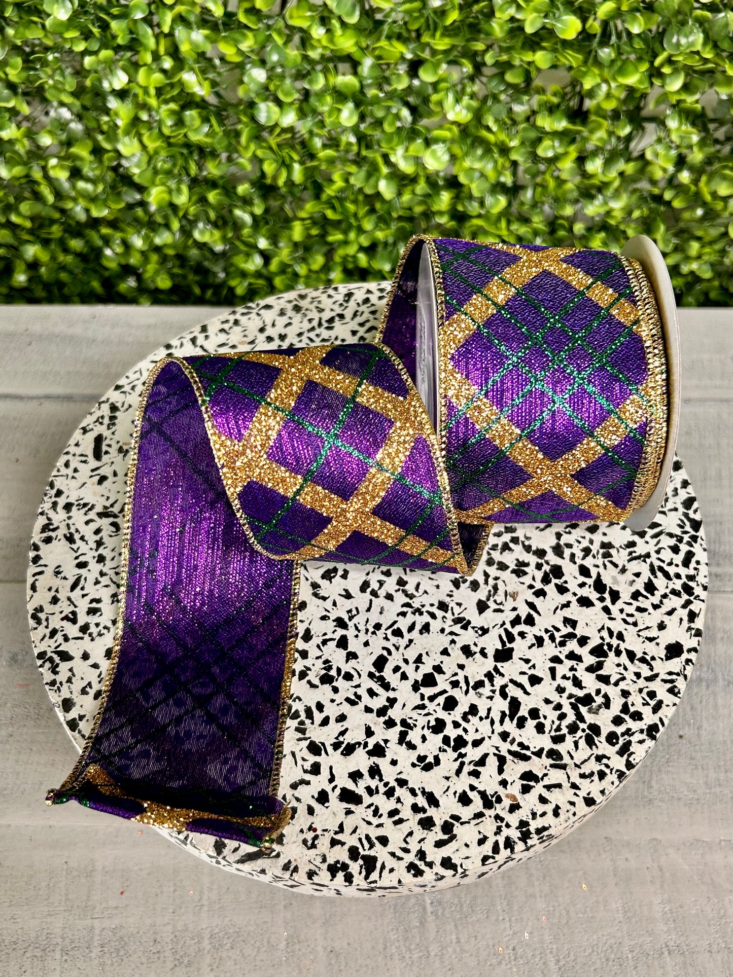 2.5 Inch By 10 Yard Purple Gold And Green Glitter Diagonal Plaid Ribbon