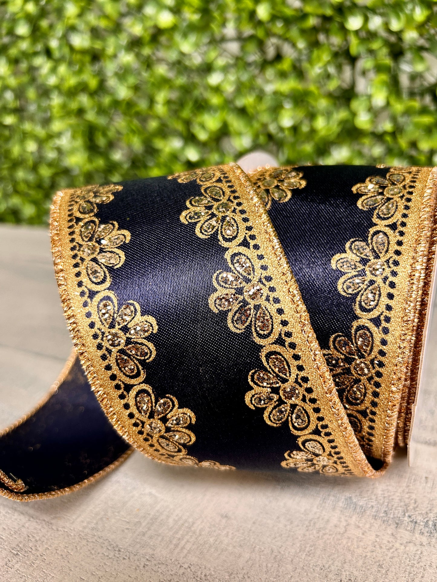 2.5 Inch By 10 Yard Navy Gold And Champagne Lux Scallop Trim Ribbon