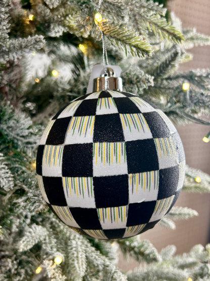 5 Inch Black And White Check Glitter Ornament