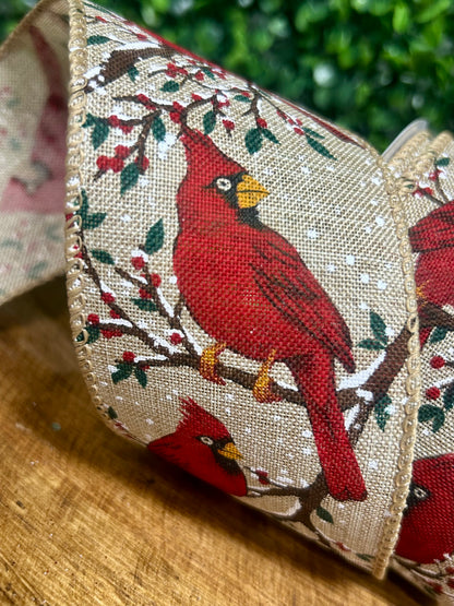 2.5 Inch By 10 Yard Cardinal On A Snowy Branch Ribbon