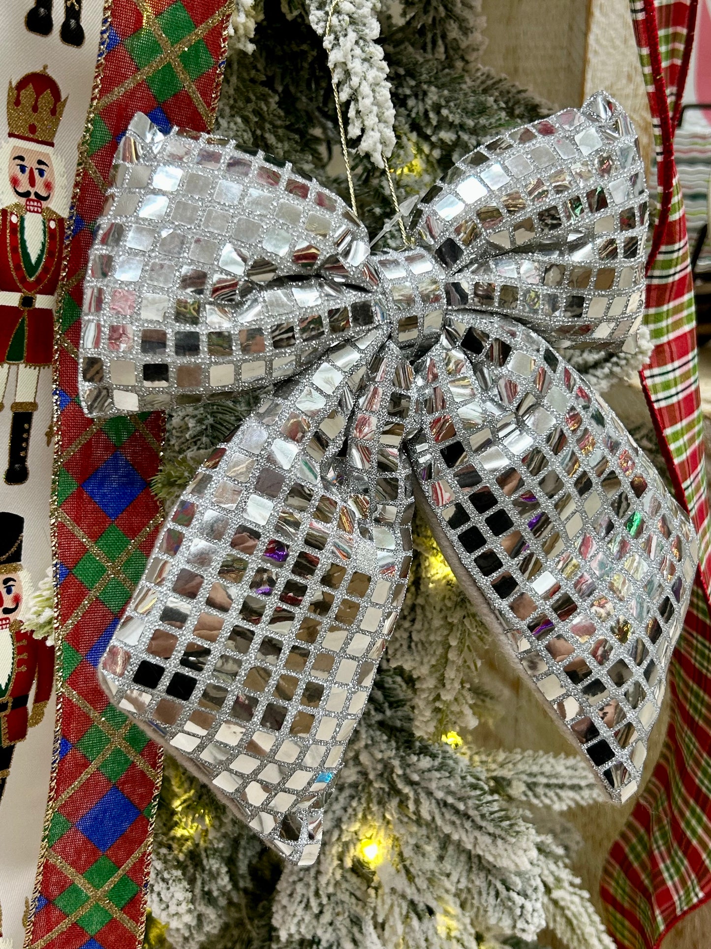 9.25 Inch Plush Silver Bow Ornament