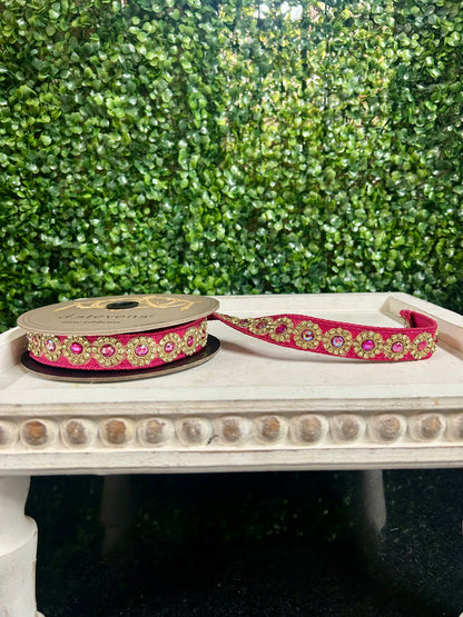 1 Inch By 5 Yards Hot Pink And Gold Jewel Floral Metallic Dupioni Ribbon