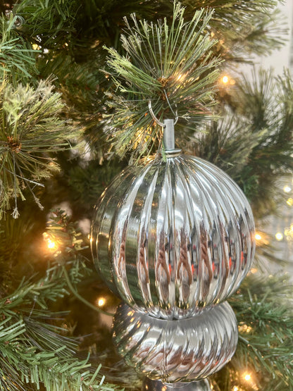 14 Inch Shiny Silver Vertical Stripe Ball Finial Ornament