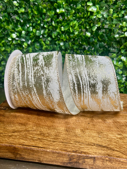 2.5 Inch By 10 Yard Gold And White Metallic Streak Ribbon