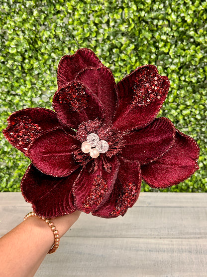 22 Inch Burgundy Glitter Sequin And Bead Magnolia Stem