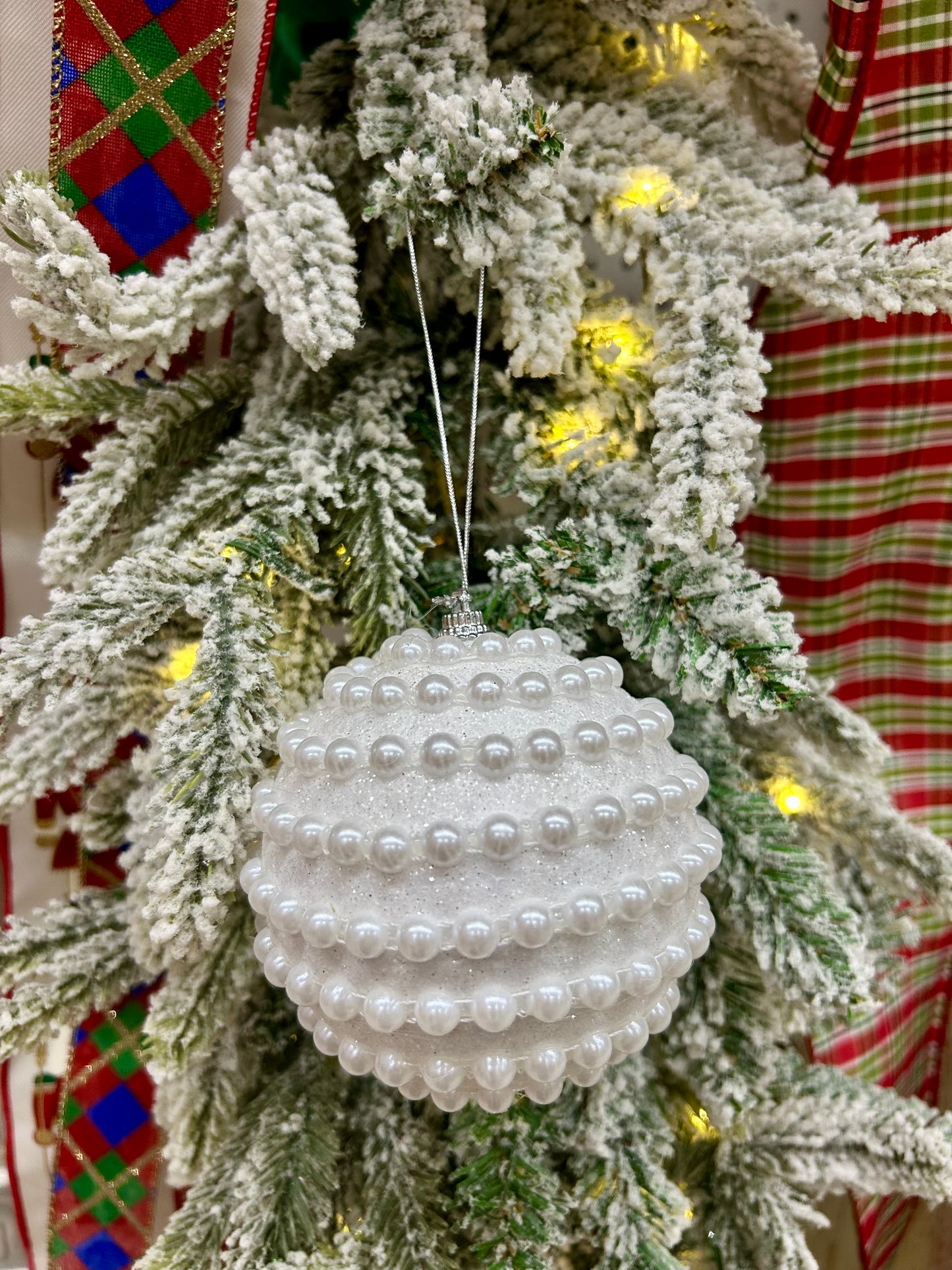 4 Inch White Glitter And Pearl Horizontal Stripe Ball Ornament