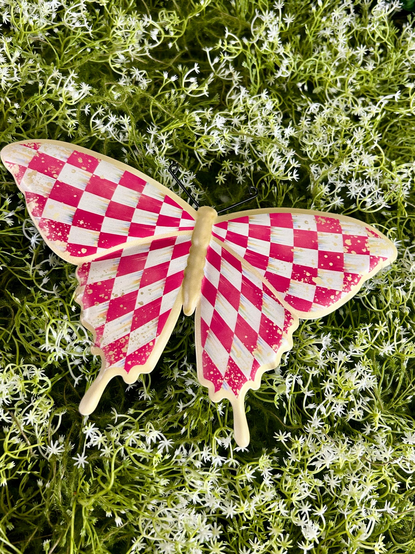 9.75 Inch Hot Pink White And Gold Antique Check Butterfly Sign