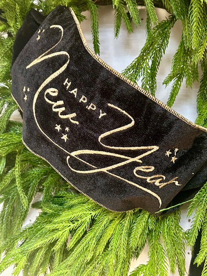 6 Inch By 56 Yards Black And Gold Velvet Embroidered Happy New Year Banner