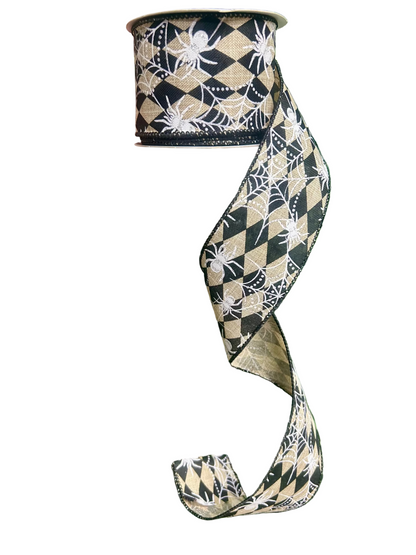 2.5 Inch By 10 Yard Natural And Black Harlequin Spider And Spiderweb Ribbon