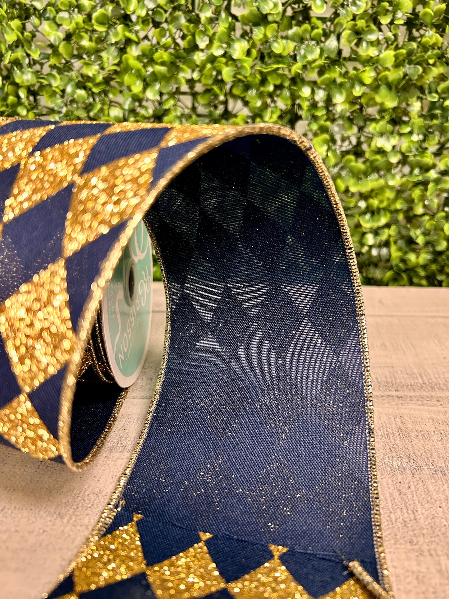 4 Inch By 10 Yard Navy Blue And Gold Harlequin Check Ribbon