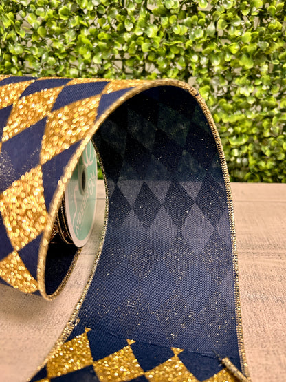 4 Inch By 10 Yard Navy Blue And Gold Harlequin Check Ribbon