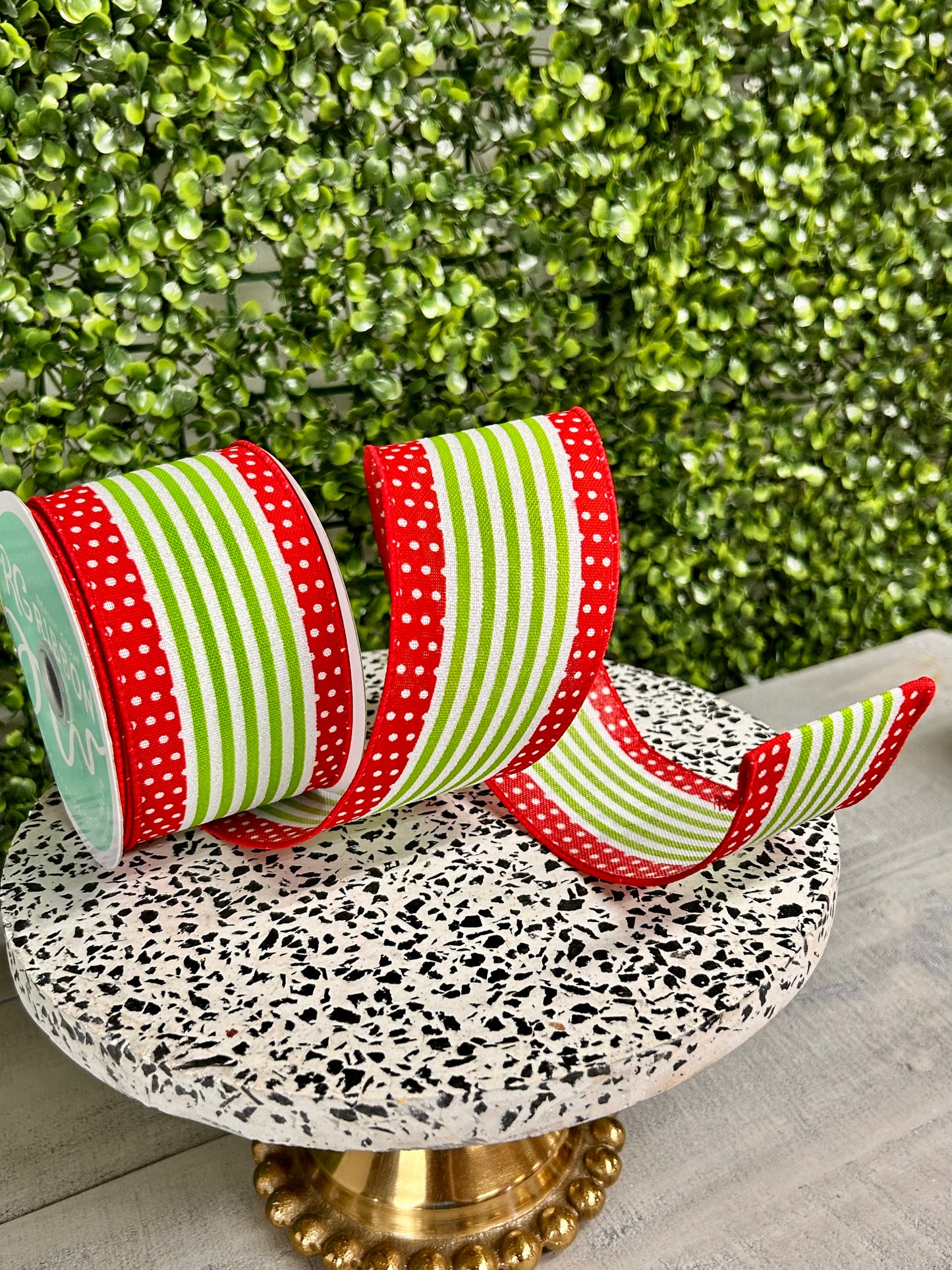 2.5 Inch By 10 Yard Red And Lime Green Vertical Stripe Polka Dot Edge Ribbon