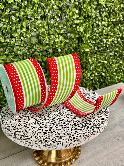 2.5 Inch By 10 Yard Red And Lime Green Vertical Stripe Polka Dot Edge Ribbon