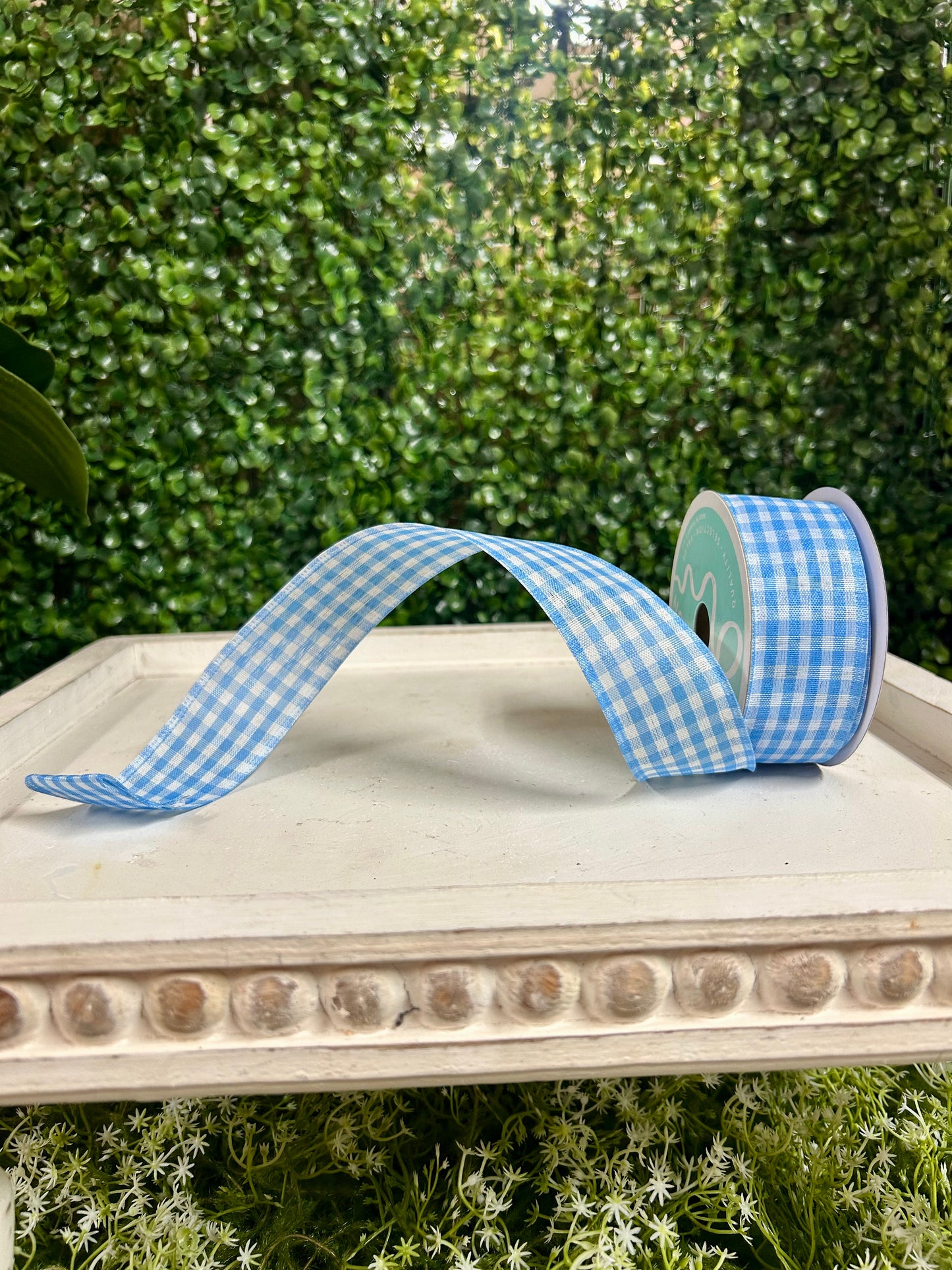 1.5 Inch By 10 Yard Light Blue And White Gingham Check Ribbon