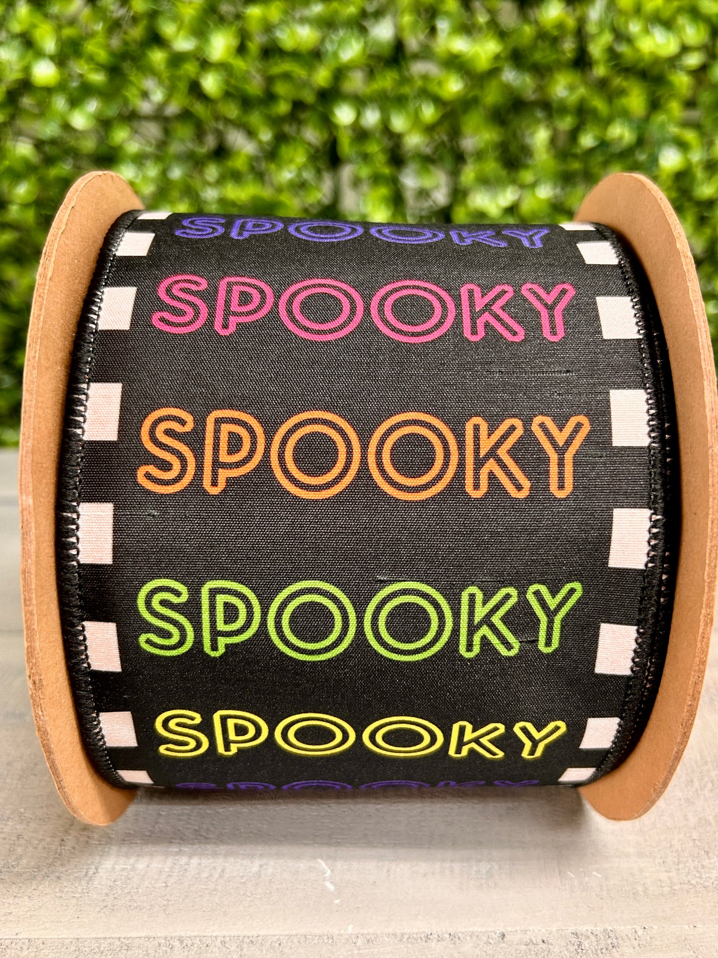 4 Inch By 10 Yard Bright Spooky On Black With Satin Orange Backing Ribbon