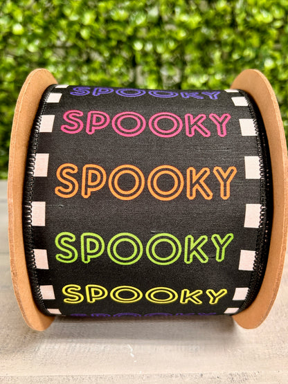 4 Inch By 10 Yard Bright Spooky On Black With Satin Orange Backing Ribbon