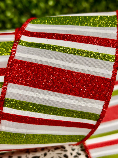 2.5 Inch By 10 Yard Red White And Lime Horizontal Stripe Ribbon