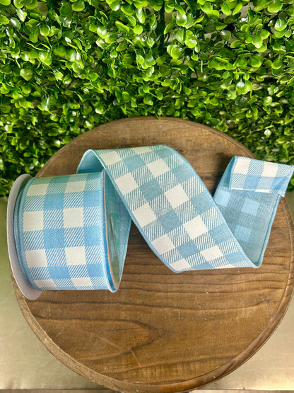2.5 Inch By 10 Yard Pale Blue And White Striped Check On Royal Ribbon