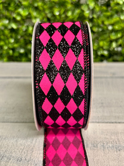 1.5 Inch By 10 Yard Fuchsia And Black Glitter Harlequin Ribbon