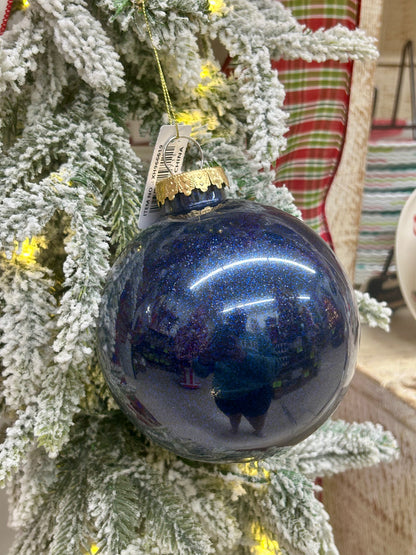 5 Inch Navy Blue Lacquer Look Glitter Ball Ornament