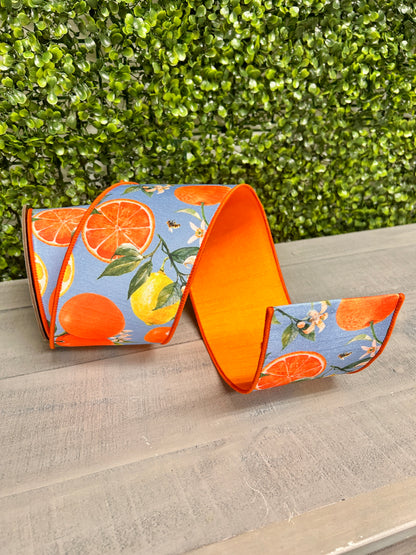 4 Inch By 10 Yard Blue Orange And Yellow Watercolor Citrus And Blossoms Dupioni Ribbon