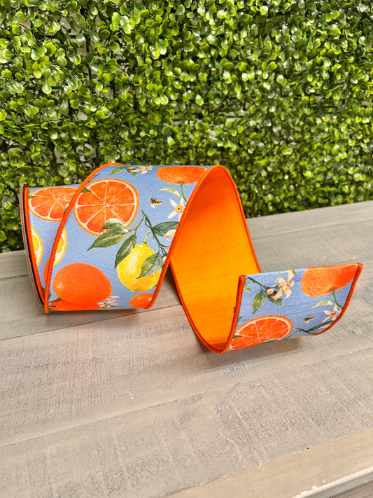 D. Stevens 4 Inch By 10 Yard Blue Orange And Yellow Watercolor Citrus And Blossoms Dupioni Ribbon