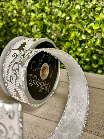 1.5 Inch By 10 Yard White And Silver Metallic Foil Swirl Leaf Ribbon