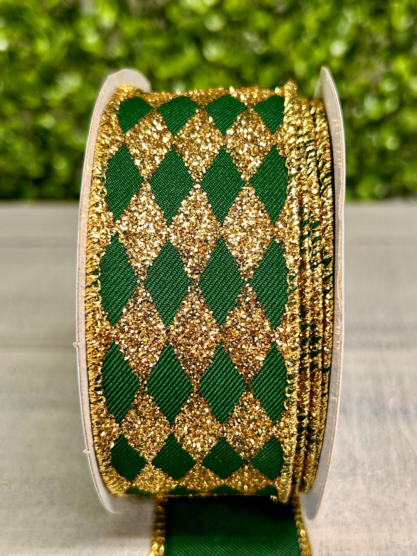 1.5 Inch By 10 Yard Hunter Green And Gold Glitter Harlequin Ribbon
