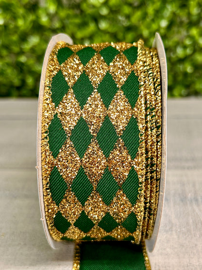 1.5 Inch By 10 Yard Hunter Green And Gold Glitter Harlequin Ribbon