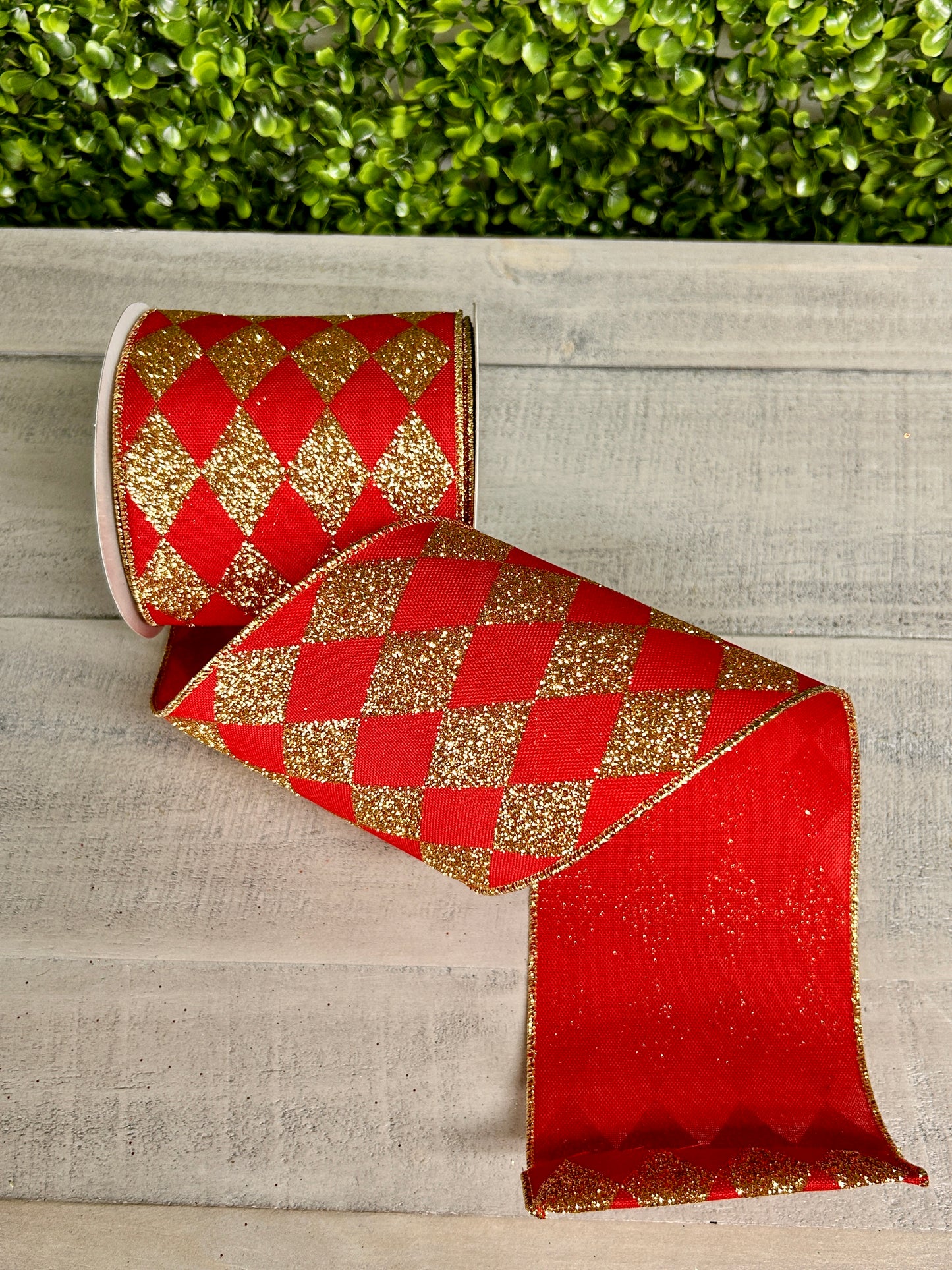 4 Inch By 10 Yard Red And Gold Harlequin Check Ribbon