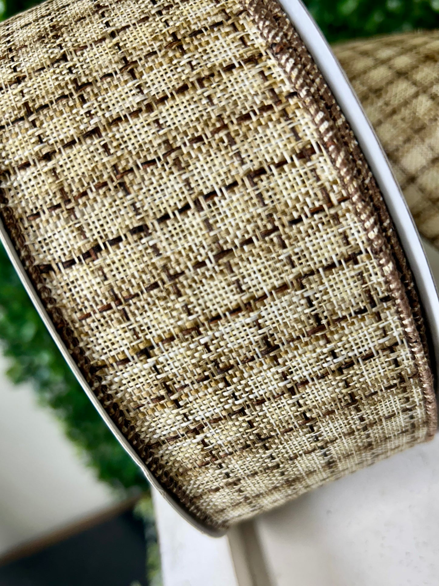 2.5 Inch By 50 Yard Cream Natural And Brown Woven Check Ribbon