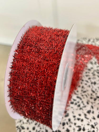 1.5 Inch By 10 Yard Red Long Confetti Metallic Wired Ribbon