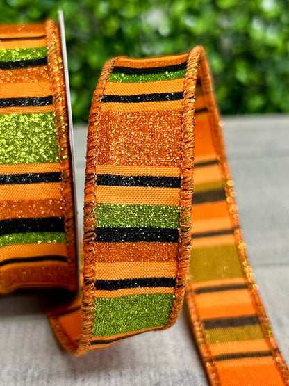 7/8 Inch By 10 Yard Orange Black And Lime Horizontal Stripe Ribbon