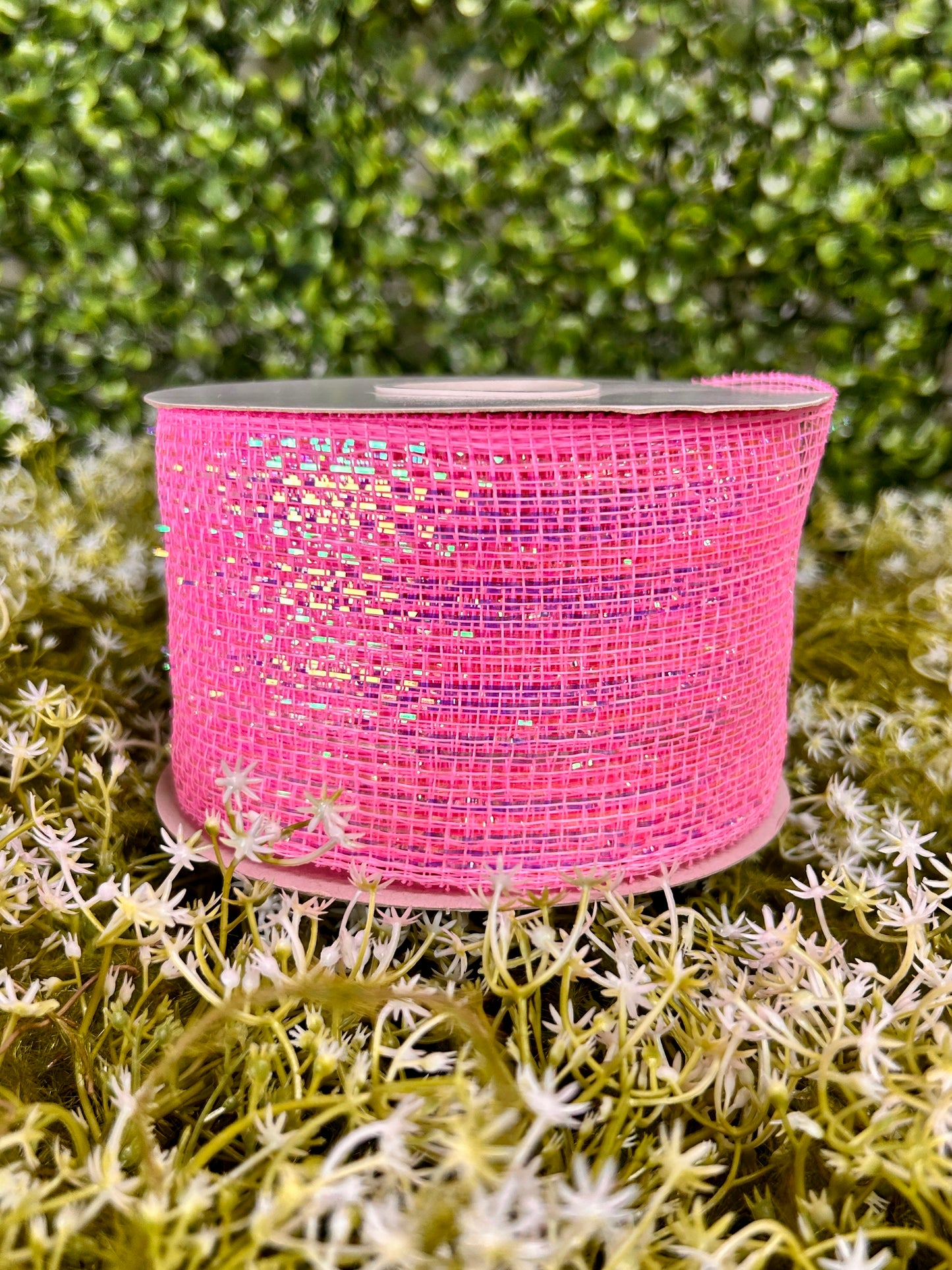 3 Inch By 20 Yards Pink Designer Netting With Iridescent Pink Glamour