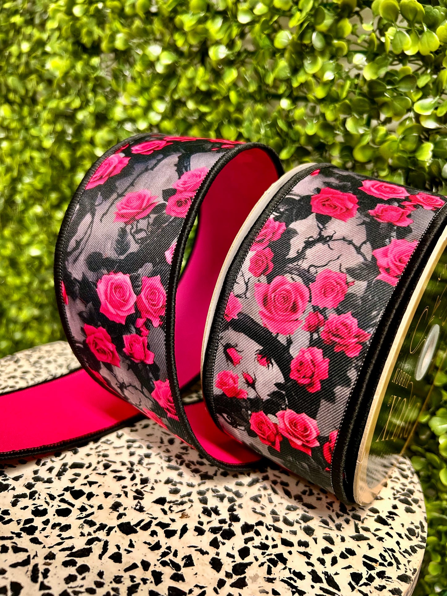 2.5 Inch By 10 Yard Hot Pink Grey And Black Roses And Vines Fused Ribbon