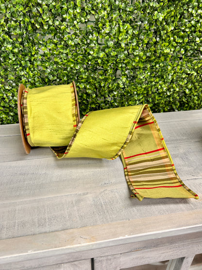 4 Inch By 10 Yard Moss With Moss Plaid Piping Reversible Dupioni Ribbon
