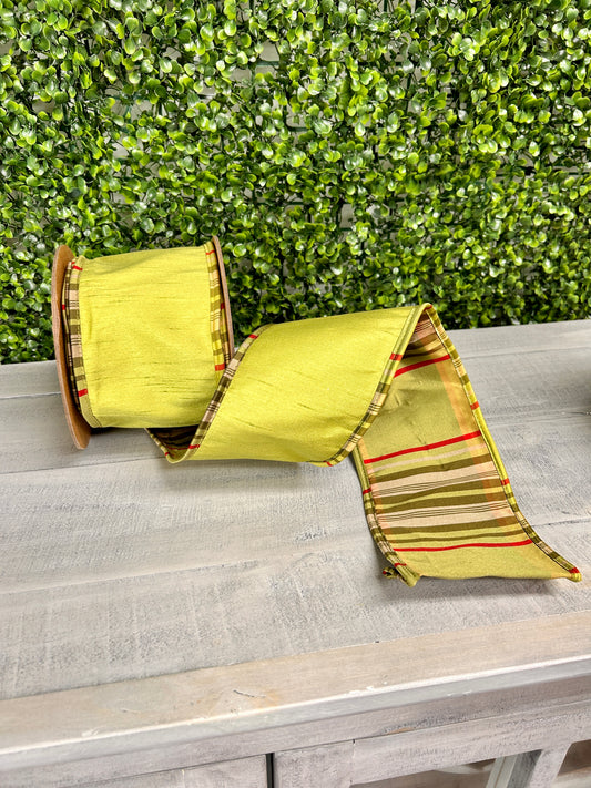 4 Inch By 10 Yard Moss With Moss Plaid Piping Reversible Dupioni Ribbon