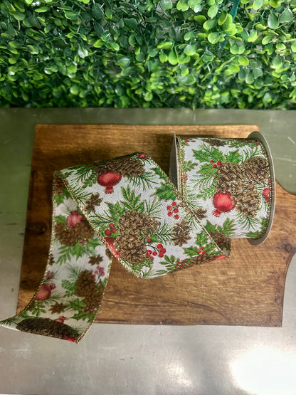 2.5 Inch By 10 Yard Pinecone Berry And Mistletoe Ribbon