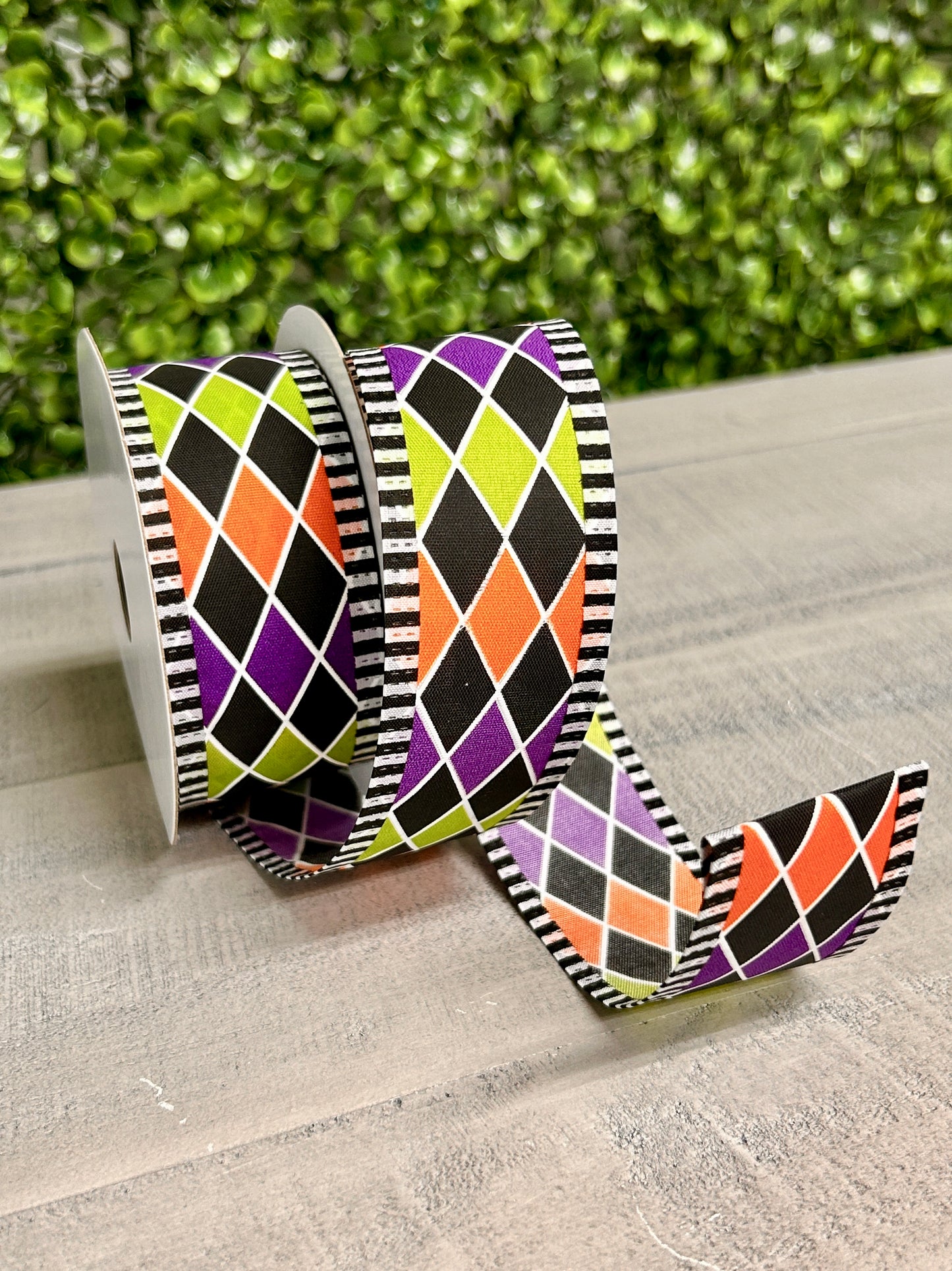 1.5 Inch By 10 Yards Orange Purple Green Black Harlequin Ribbon