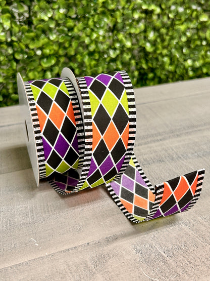 1.5 Inch By 10 Yards Orange Purple Green Black Harlequin Ribbon