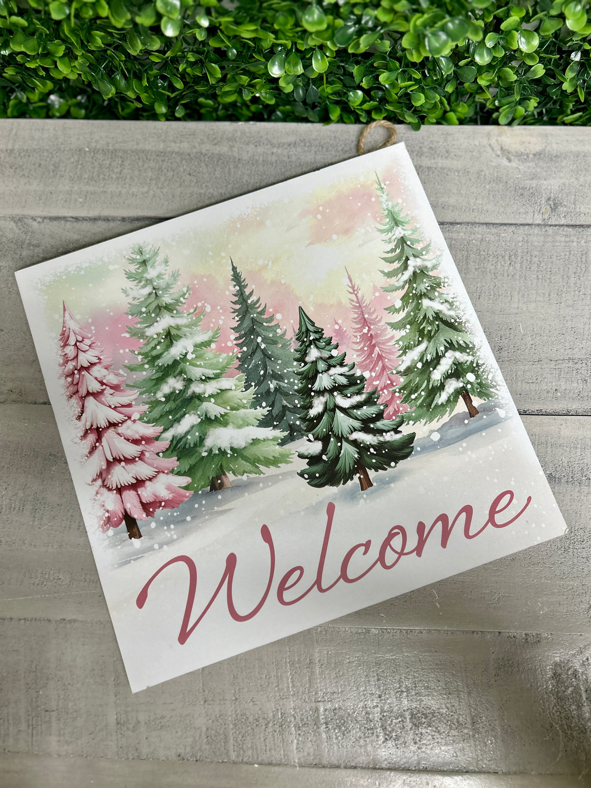 10 Inch Square Pastel Welcome With Trees Wood Sign