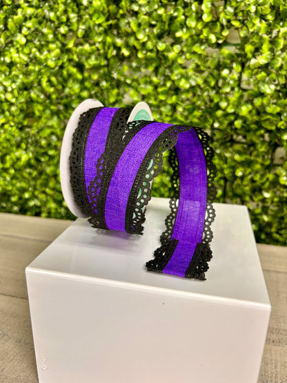 1.5 Inch Black And Purple Lace Edge Royal Burlap Ribbon