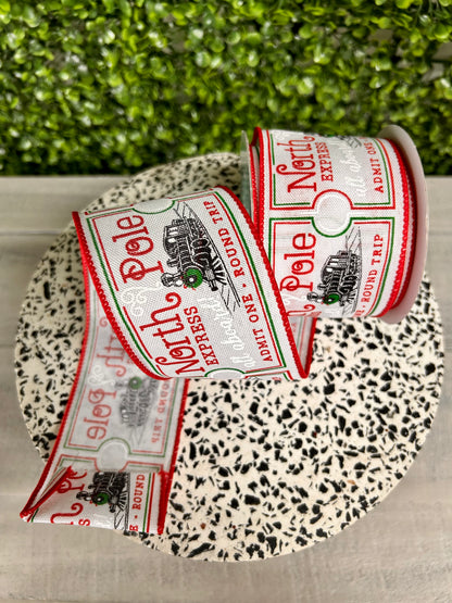 2.5 Inch By 10 Yard North Pole Train Ticket Ribbon