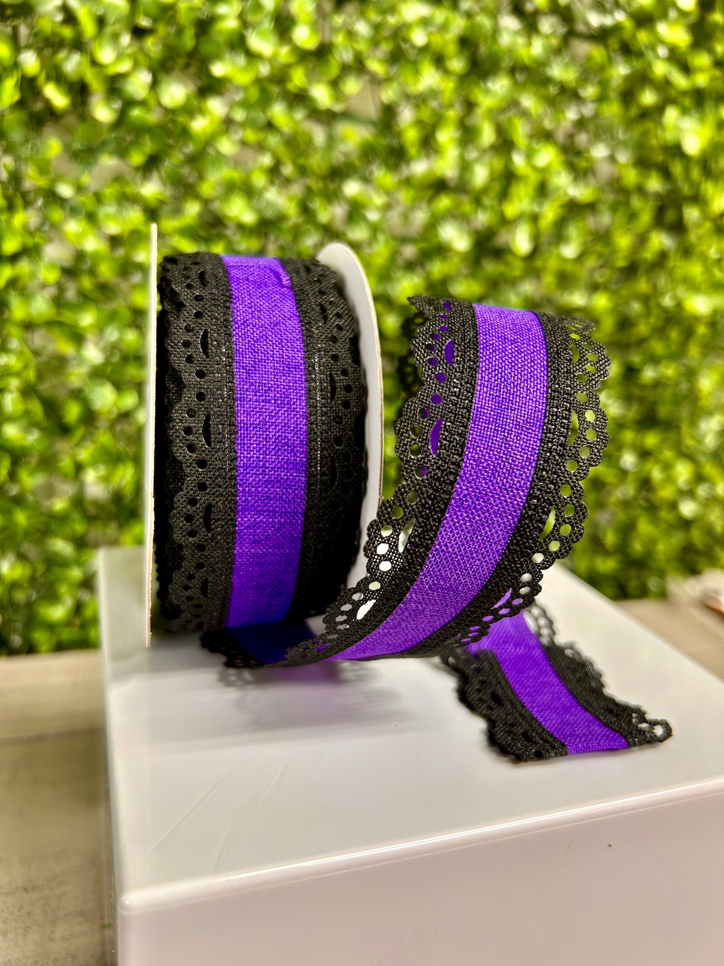 1.5 Inch Black And Purple Lace Edge Royal Burlap Ribbon