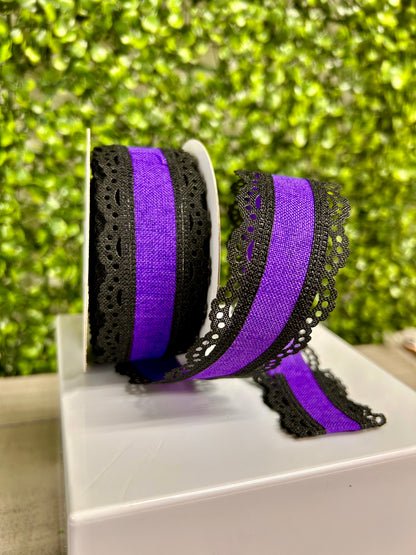 1.5 Inch Black And Purple Lace Edge Royal Burlap Ribbon